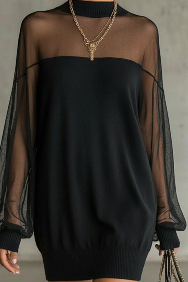 MINI VESTIDO CON MANGAS TRANSPARENTES Y CUELLO ALTO REFINADO