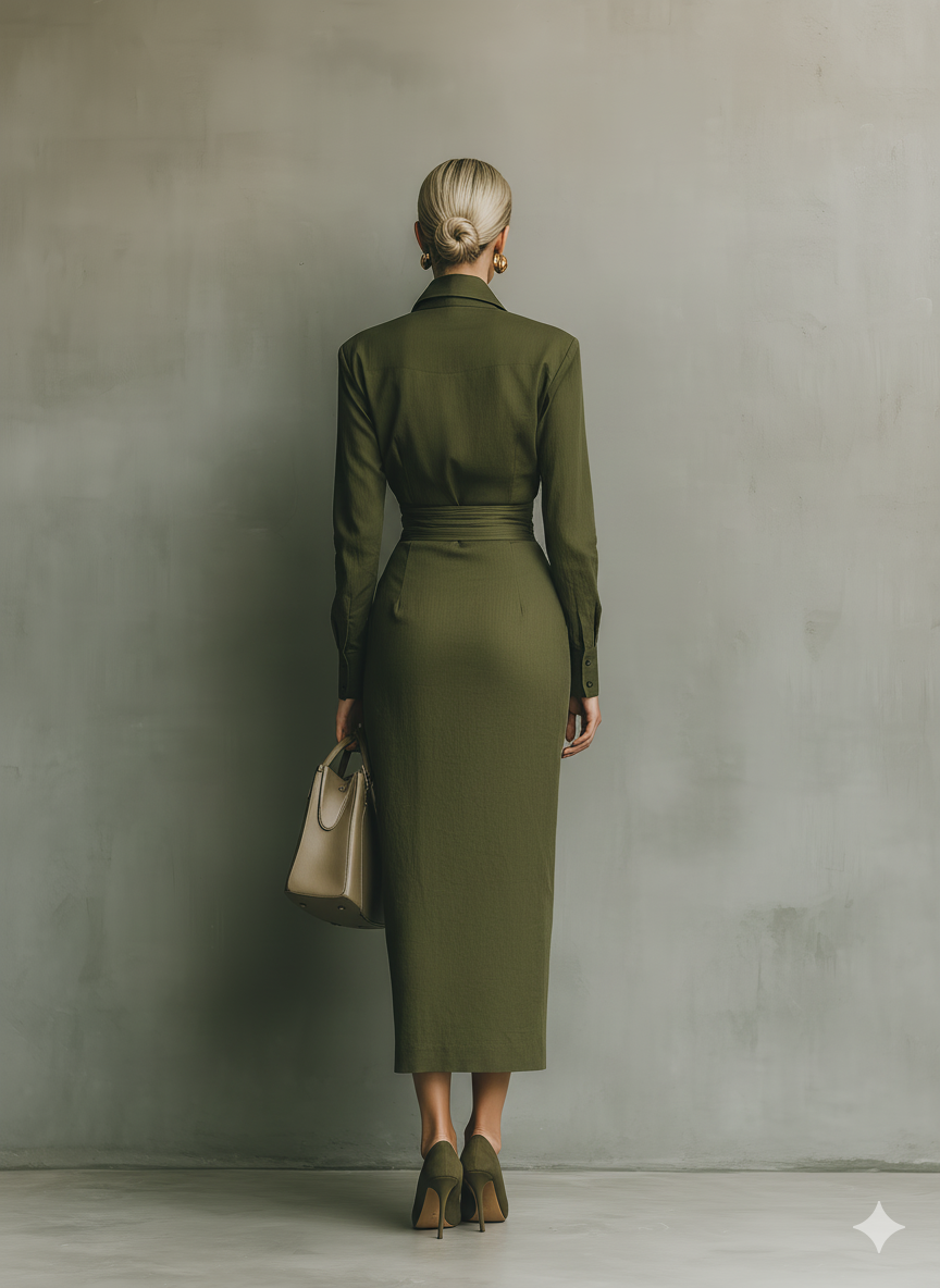 VESTIDO MIDI ENTALLADO CON BOTONADURA Y CINTURA FRUNCIDA
