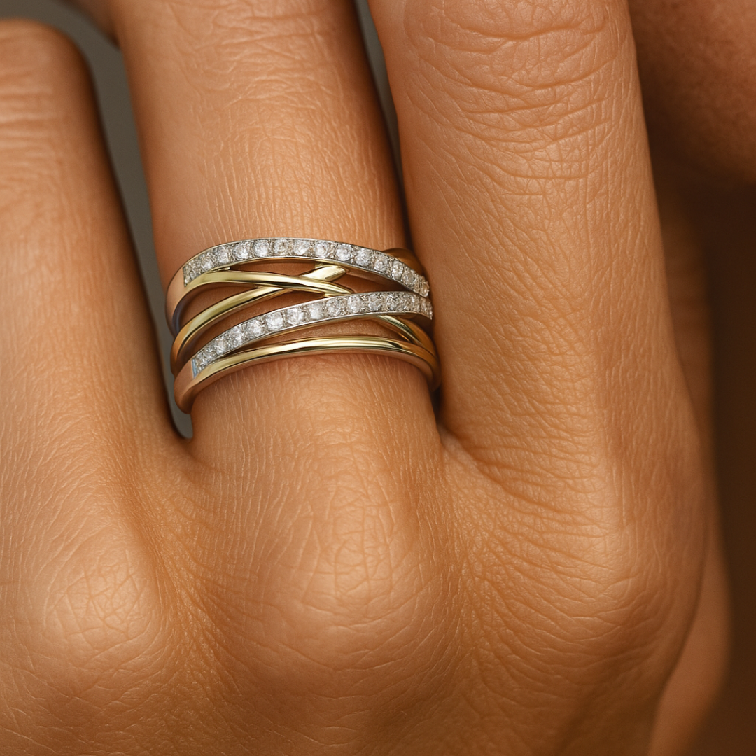 ANILLO VALENTINA ROCHE TRIPLE ARO BICOLOR CON CIRCONITAS