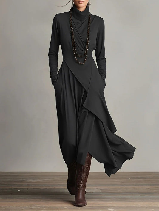 VESTIDO LARGO ASIMÉTRICO DE CUELLO ALTO ELEGANTE