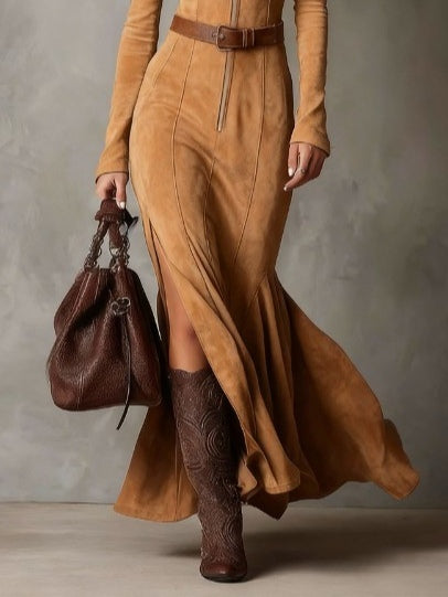 VESTIDO SUEDE CAMEL MAXI