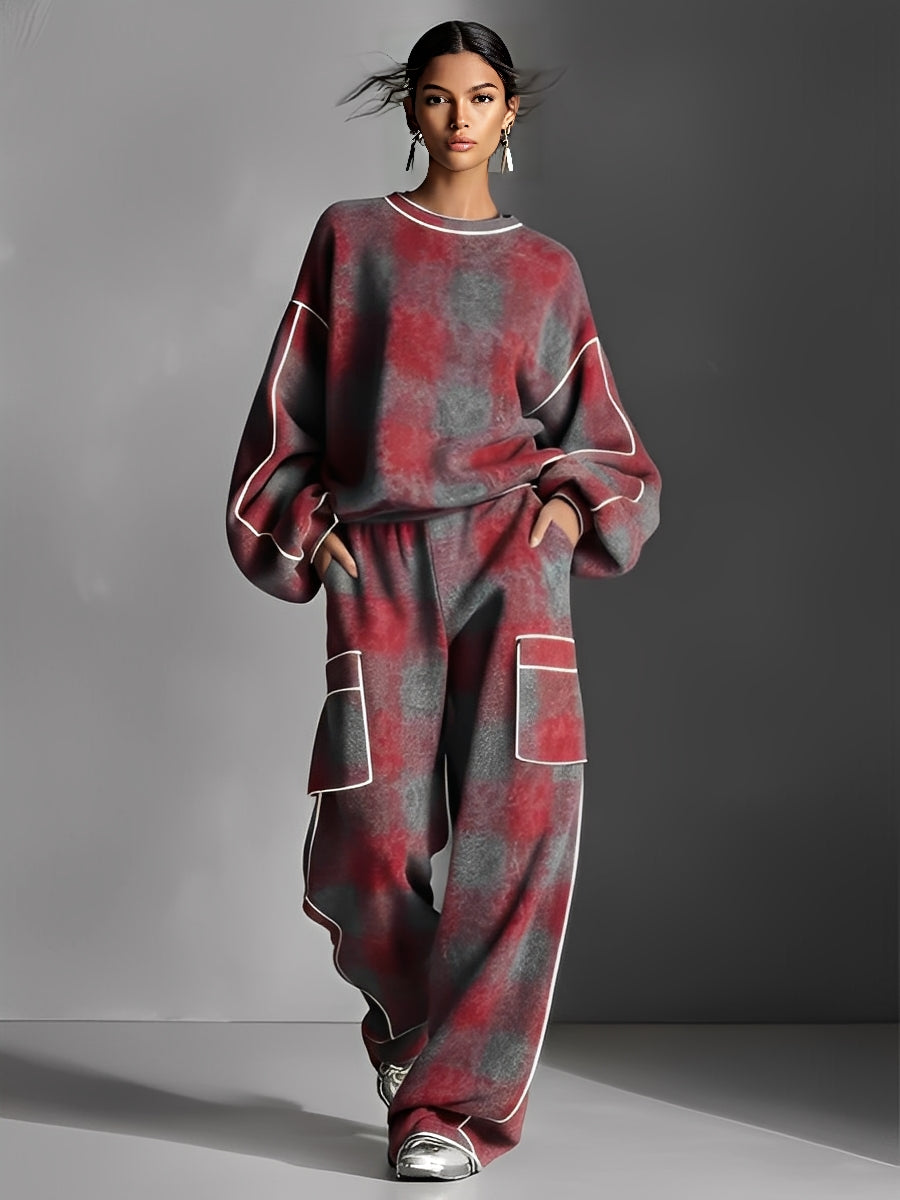 CONJUNTO DE PUNTO OVERSIZE DE DOS PIEZAS CON ESTAMPADO A CUADROS