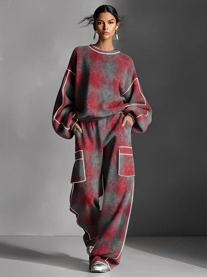 CONJUNTO DE PUNTO OVERSIZE DE DOS PIEZAS CON ESTAMPADO A CUADROS