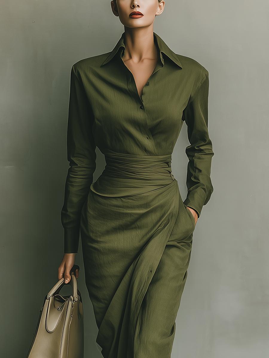 VESTIDO MIDI ENTALLADO CON BOTONADURA Y CINTURA FRUNCIDA