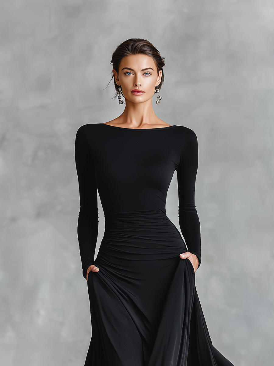 VESTIDO MAXI NEGRO ELEGANTE DE CORTE MINIMALISTA