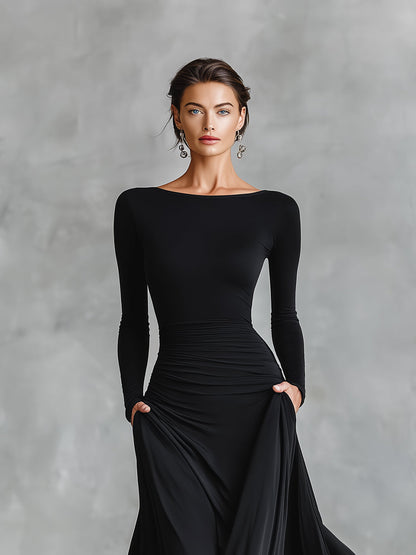 VESTIDO MAXI NEGRO ELEGANTE DE CORTE MINIMALISTA