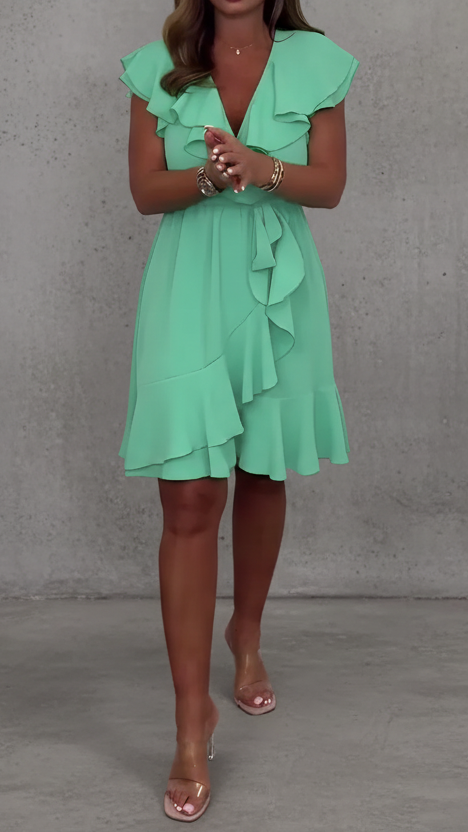 VESTIDO MIDI FLUIDO CON VOLANTES Y ESCOTE FEMENINO