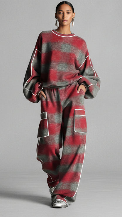 CONJUNTO DE PUNTO OVERSIZE DE DOS PIEZAS CON ESTAMPADO A CUADROS