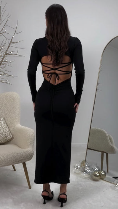 CONJUNTO NEGRO DE DOS PIEZAS ELEGANTE CON TOP Y FALDA MIDI