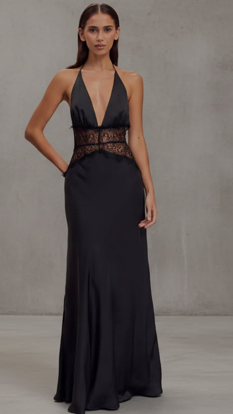 VESTIDO LARGO ELEGANTE CON ENCAJE Y ESPALDA DESCUBIERTA