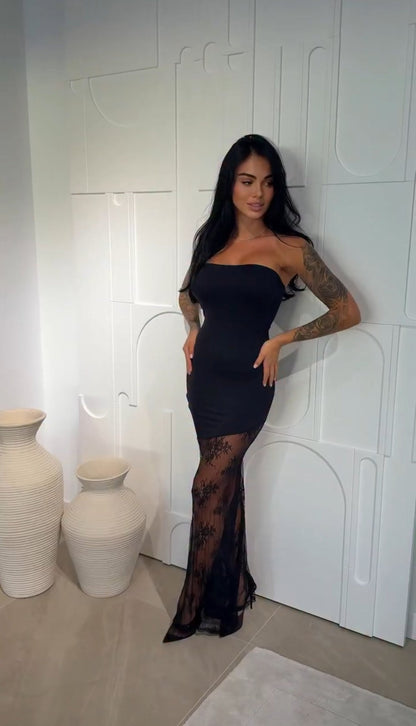 VESTIDO LARGO NEGRO DE FIESTA CON ENCAJE TRANSPARENTE