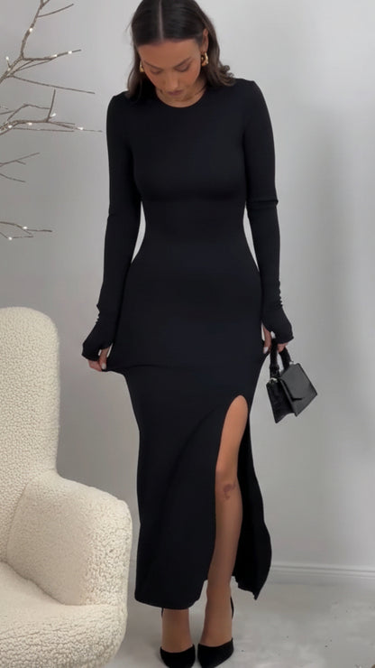 CONJUNTO NEGRO DE DOS PIEZAS ELEGANTE CON TOP Y FALDA MIDI