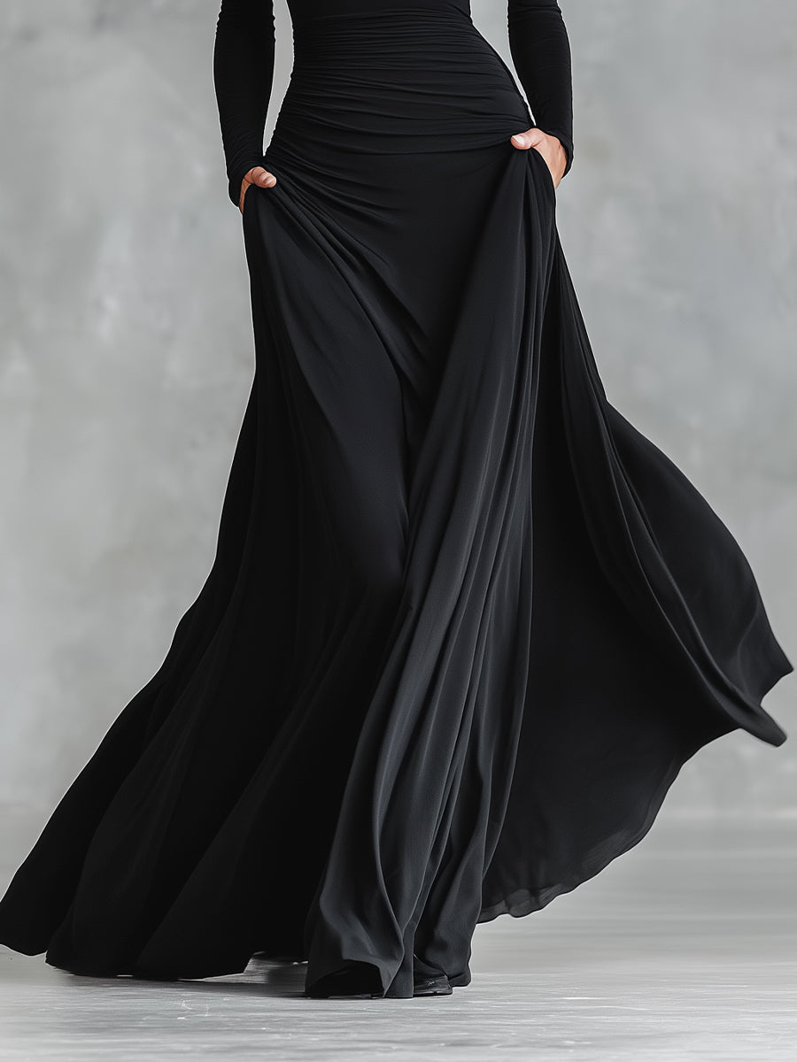 VESTIDO MAXI NEGRO ELEGANTE DE CORTE MINIMALISTA