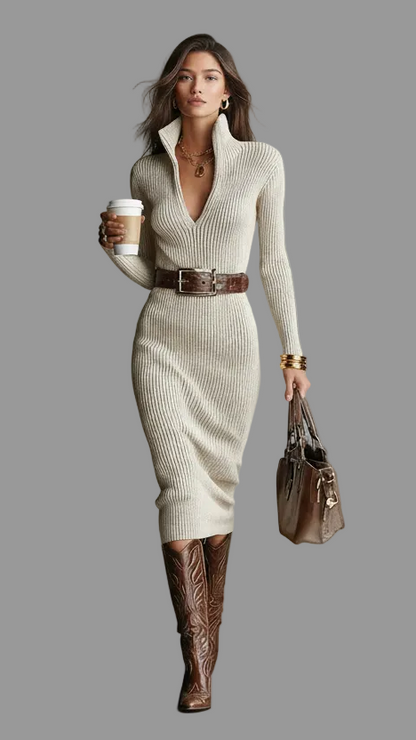 VESTIDO MIDI DE PUNTO ELEGANTE CON CINTURÓN