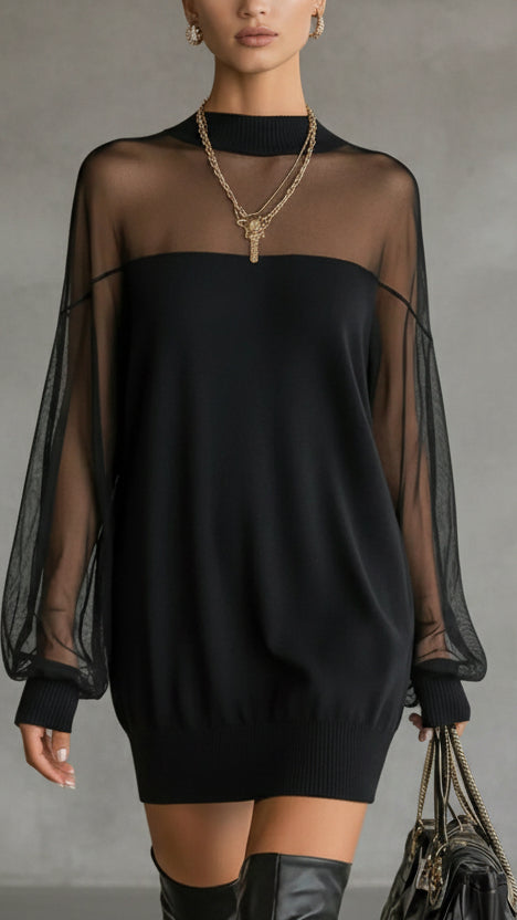 MINI VESTIDO CON MANGAS TRANSPARENTES Y CUELLO ALTO REFINADO