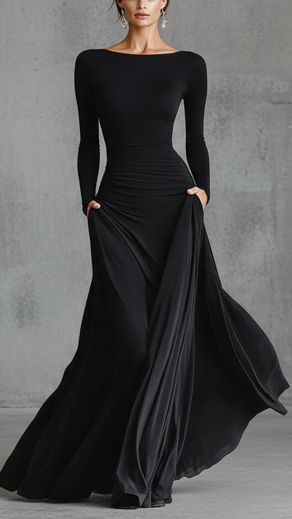 VESTIDO MAXI NEGRO ELEGANTE DE CORTE MINIMALISTA