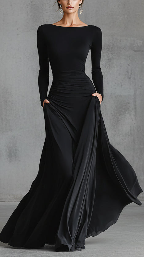 VESTIDO MAXI NEGRO ELEGANTE DE CORTE MINIMALISTA