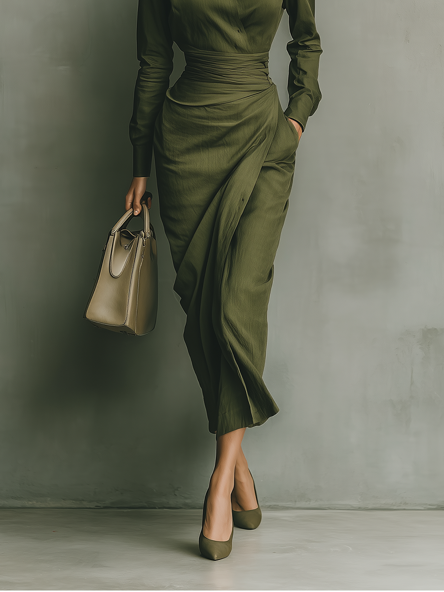 VESTIDO MIDI ENTALLADO CON BOTONADURA Y CINTURA FRUNCIDA