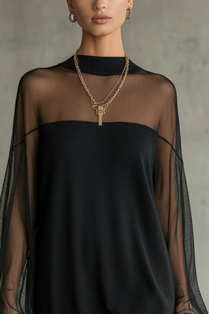 MINI VESTIDO CON MANGAS TRANSPARENTES Y CUELLO ALTO REFINADO