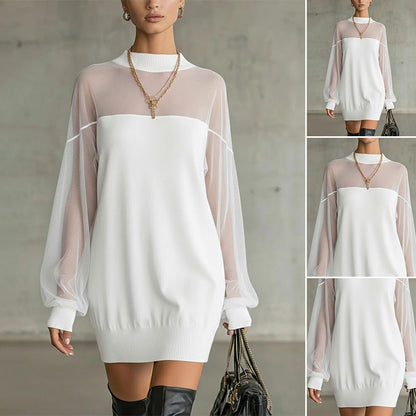 MINI VESTIDO CON MANGAS TRANSPARENTES Y CUELLO ALTO REFINADO