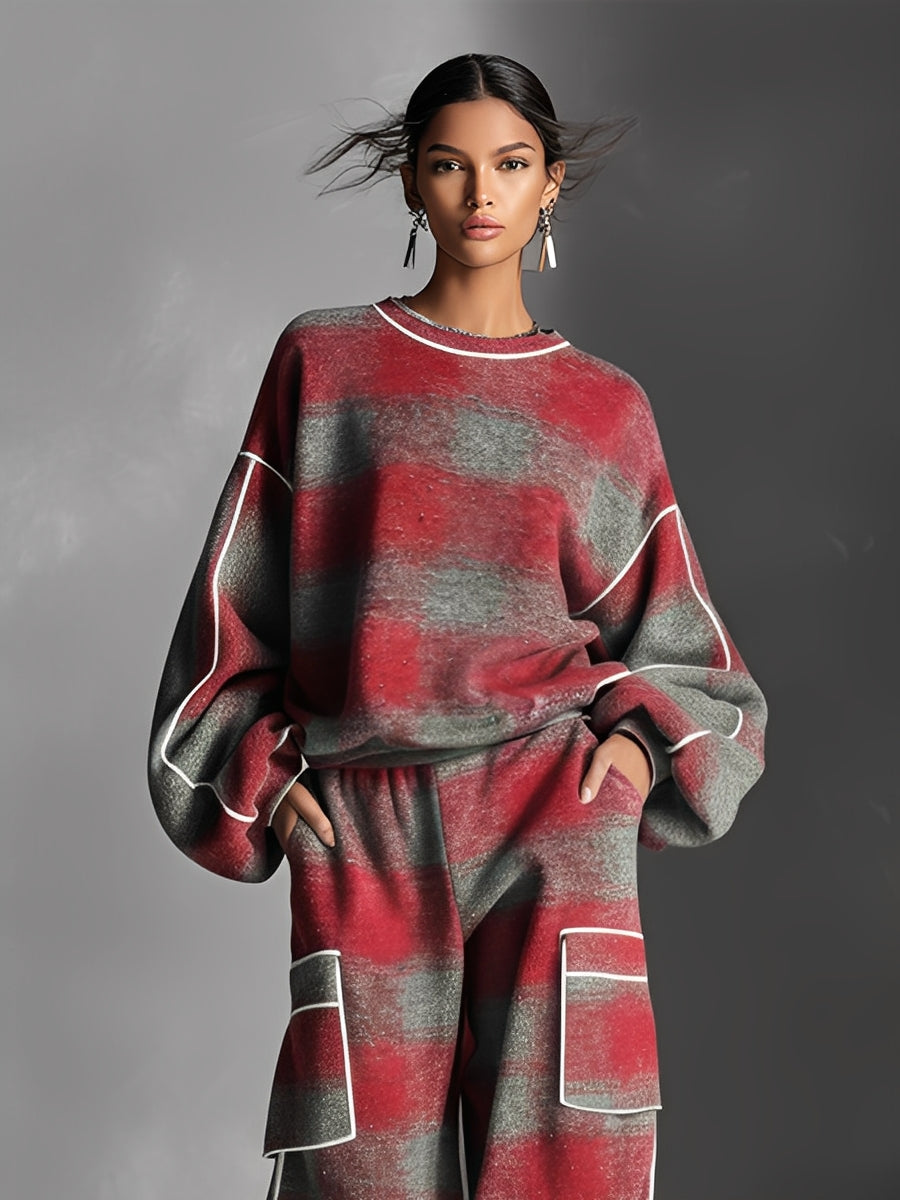 CONJUNTO DE PUNTO OVERSIZE DE DOS PIEZAS CON ESTAMPADO A CUADROS