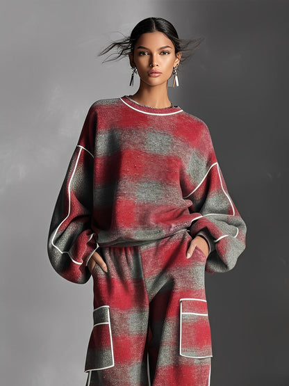 CONJUNTO DE PUNTO OVERSIZE DE DOS PIEZAS CON ESTAMPADO A CUADROS