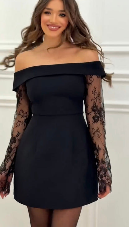 VESTIDO CORTO NEGRO CON MANGAS DE ENCAJE