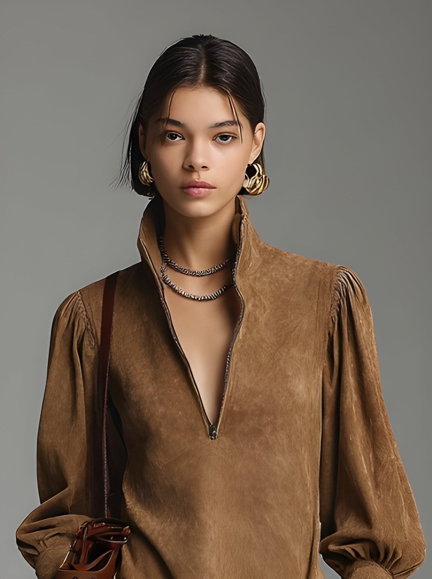 VESTIDO CAMISERO CORTO DE ESTILO ELEGANTE CON CUELLO MAO