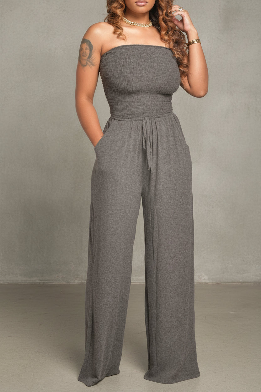 VALENTINA ROCHE - MONO FLUIDO CON HOMBROS DESCUBIERTOS Y CINTURA SMOCK