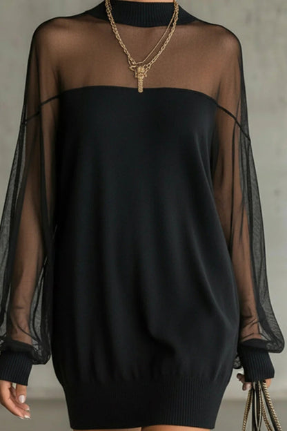 MINI VESTIDO CON MANGAS TRANSPARENTES Y CUELLO ALTO REFINADO