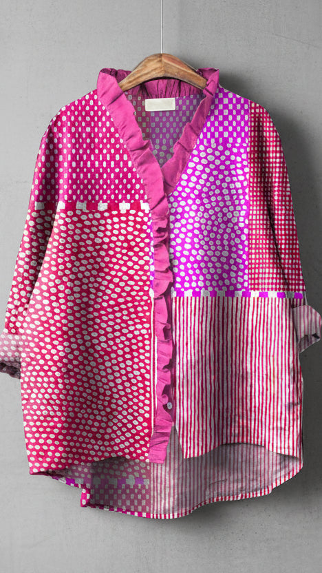 CAMISA OVERSIZE PATCHWORK ESTAMPADA EN TONOS ROSA