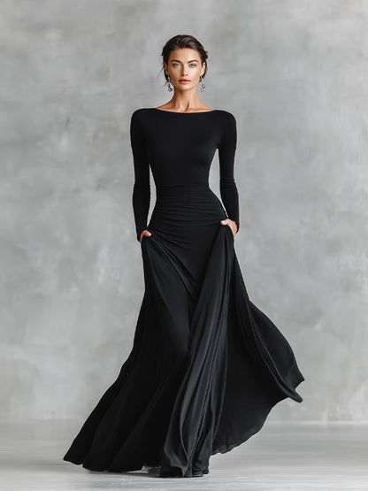 VESTIDO MAXI NEGRO ELEGANTE DE CORTE MINIMALISTA