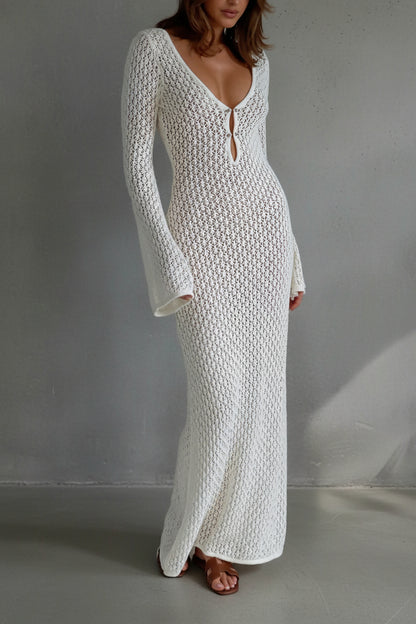 VESTIDO LARGO DE PUNTO BLANCO CON ESCOTE EN V