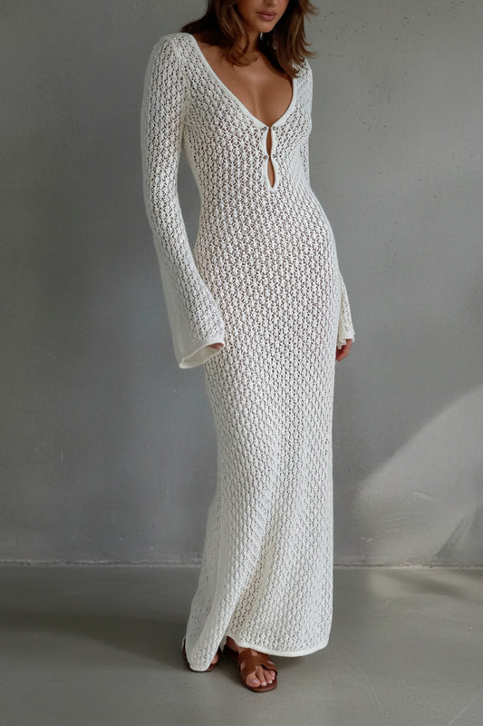 VESTIDO LARGO DE PUNTO BLANCO CON ESCOTE EN V