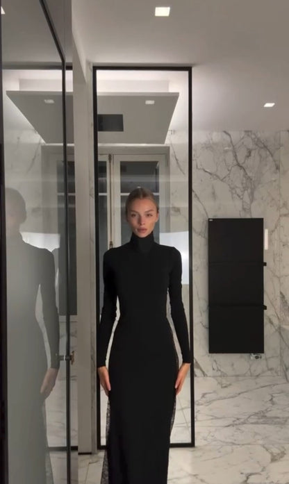 VESTIDO LARGO NEGRO ELEGANTE CON ABERTURA LATERAL