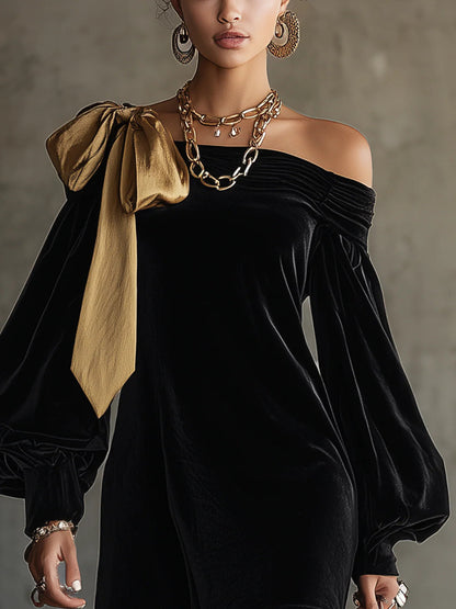 VESTIDO NEGRO ASIMÉTRICO DE HOMBRO DESCUBIERTO CON LAZO ELEGANTE