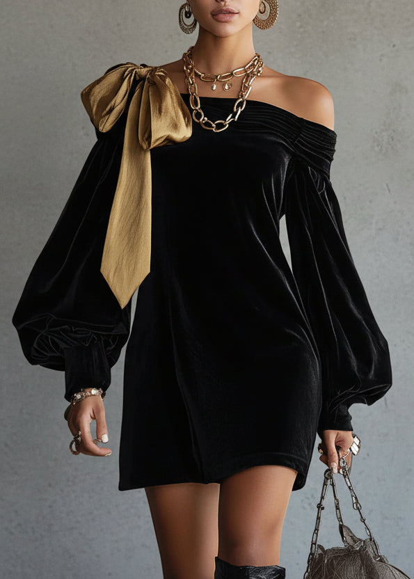 VESTIDO NEGRO ASIMÉTRICO DE HOMBRO DESCUBIERTO CON LAZO ELEGANTE
