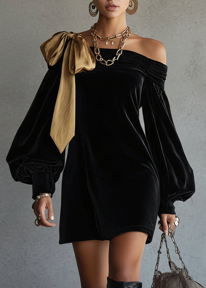 VESTIDO NEGRO ASIMÉTRICO DE HOMBRO DESCUBIERTO CON LAZO ELEGANTE