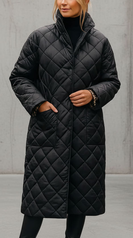ABRIGO LARGO ACOLCHADO CON DISEÑO DE ROMBOS Y CORTE ELEGANTE
