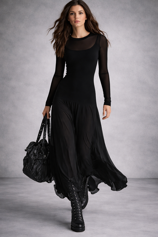 VESTIDO LARGO FLUIDO DE CORTE ELEGANTE