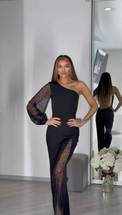 MONO NEGRO ASIMÉTRICO DE FIESTA CON ENCAJE