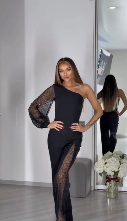 MONO NEGRO ASIMÉTRICO DE FIESTA CON ENCAJE