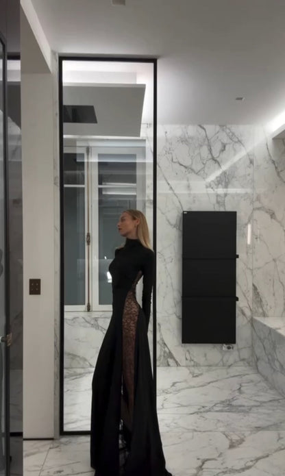 VESTIDO LARGO NEGRO ELEGANTE CON ABERTURA LATERAL