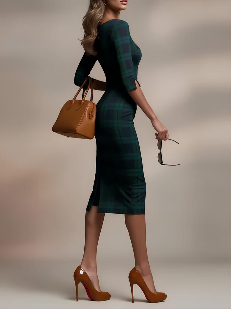 VESTIDO MIDI ENTALLADO DE CUADROS ESTILO ELEGANTE