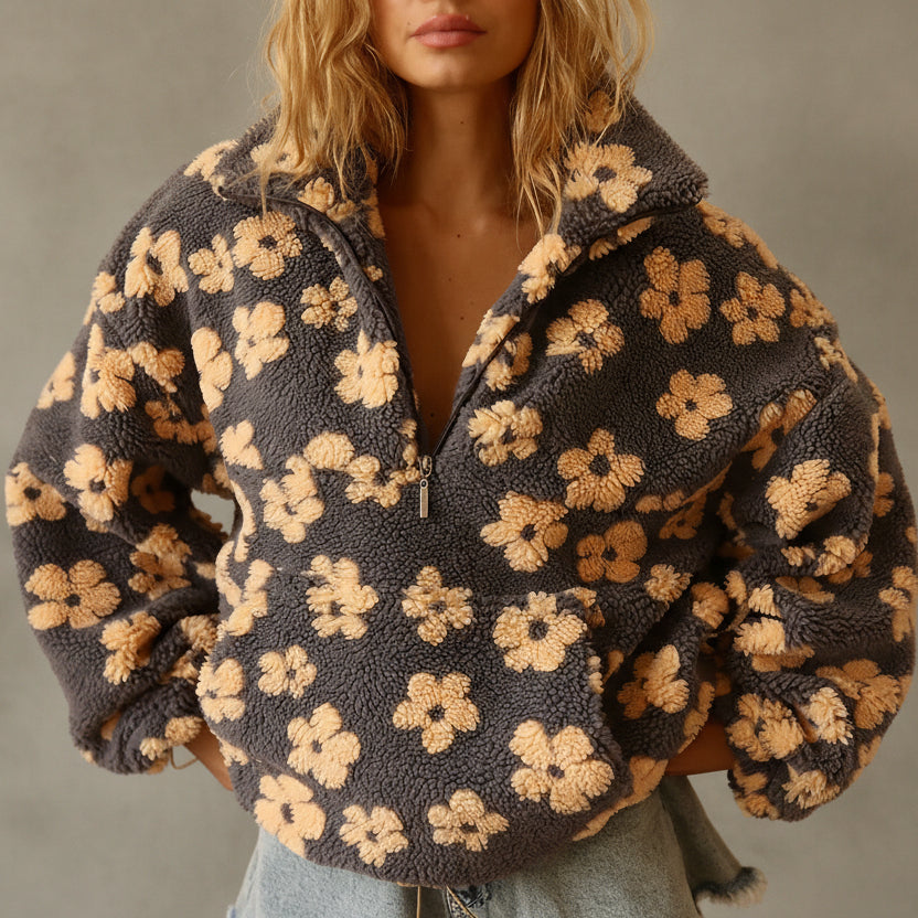 JERSEY POLAR DE BORREGUITO CON ESTAMPADO FLORAL Y MEDIA CREMALLERA