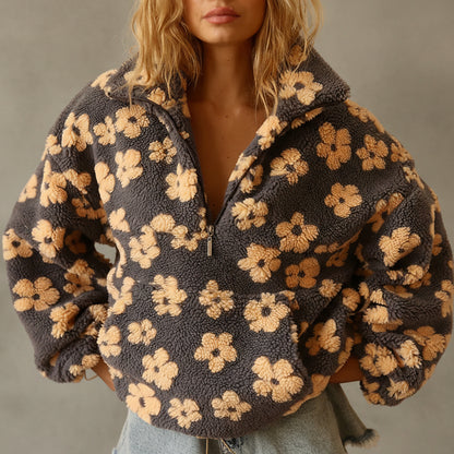 JERSEY POLAR DE BORREGUITO CON ESTAMPADO FLORAL Y MEDIA CREMALLERA