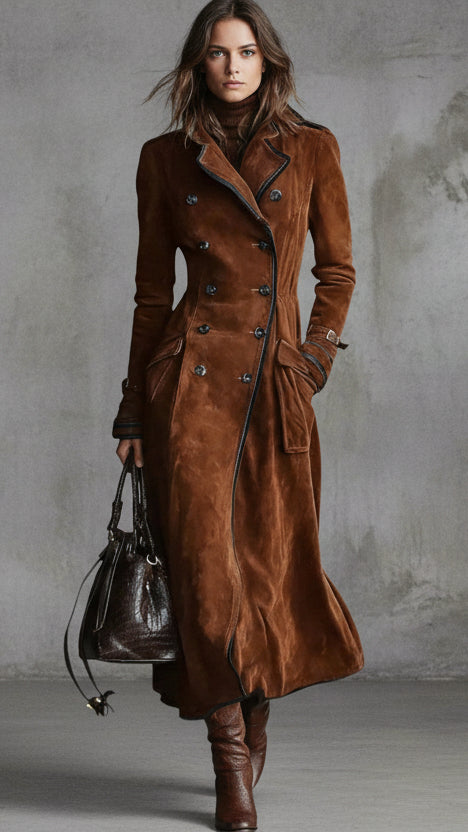 ABRIGO LARGO DE EFECTO PIEL CON CORTE SOFISTICADO