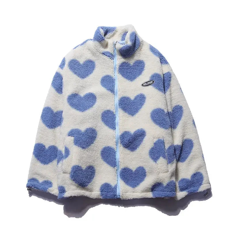 CHAQUETA POLAR DE BORREGUITO CON ESTAMPADO DE CORAZONES Y CREMALLERA