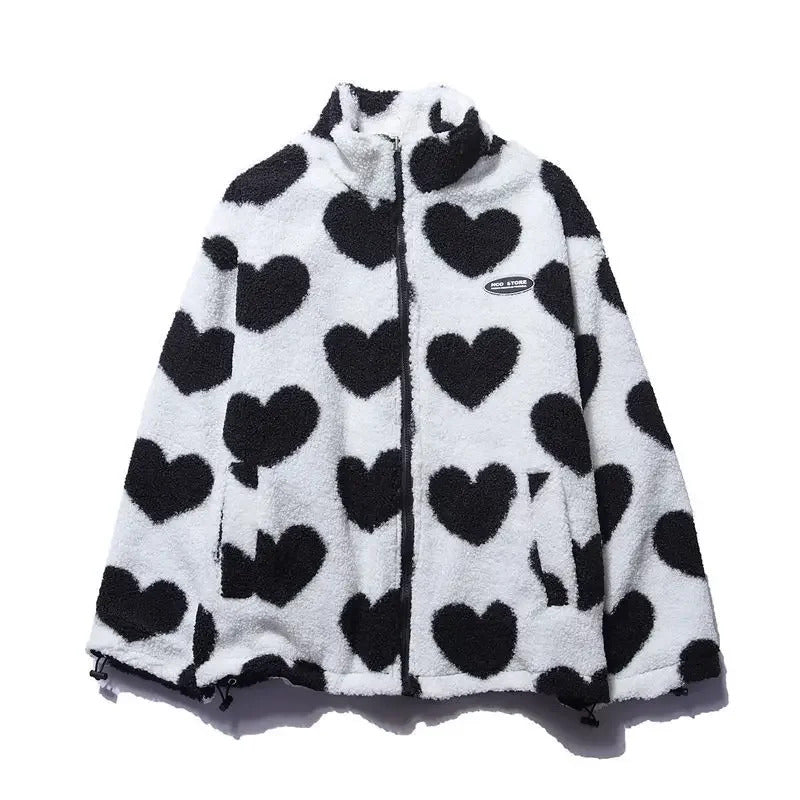 CHAQUETA POLAR DE BORREGUITO CON ESTAMPADO DE CORAZONES Y CREMALLERA