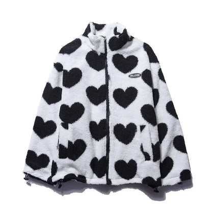 CHAQUETA POLAR DE BORREGUITO CON ESTAMPADO DE CORAZONES Y CREMALLERA